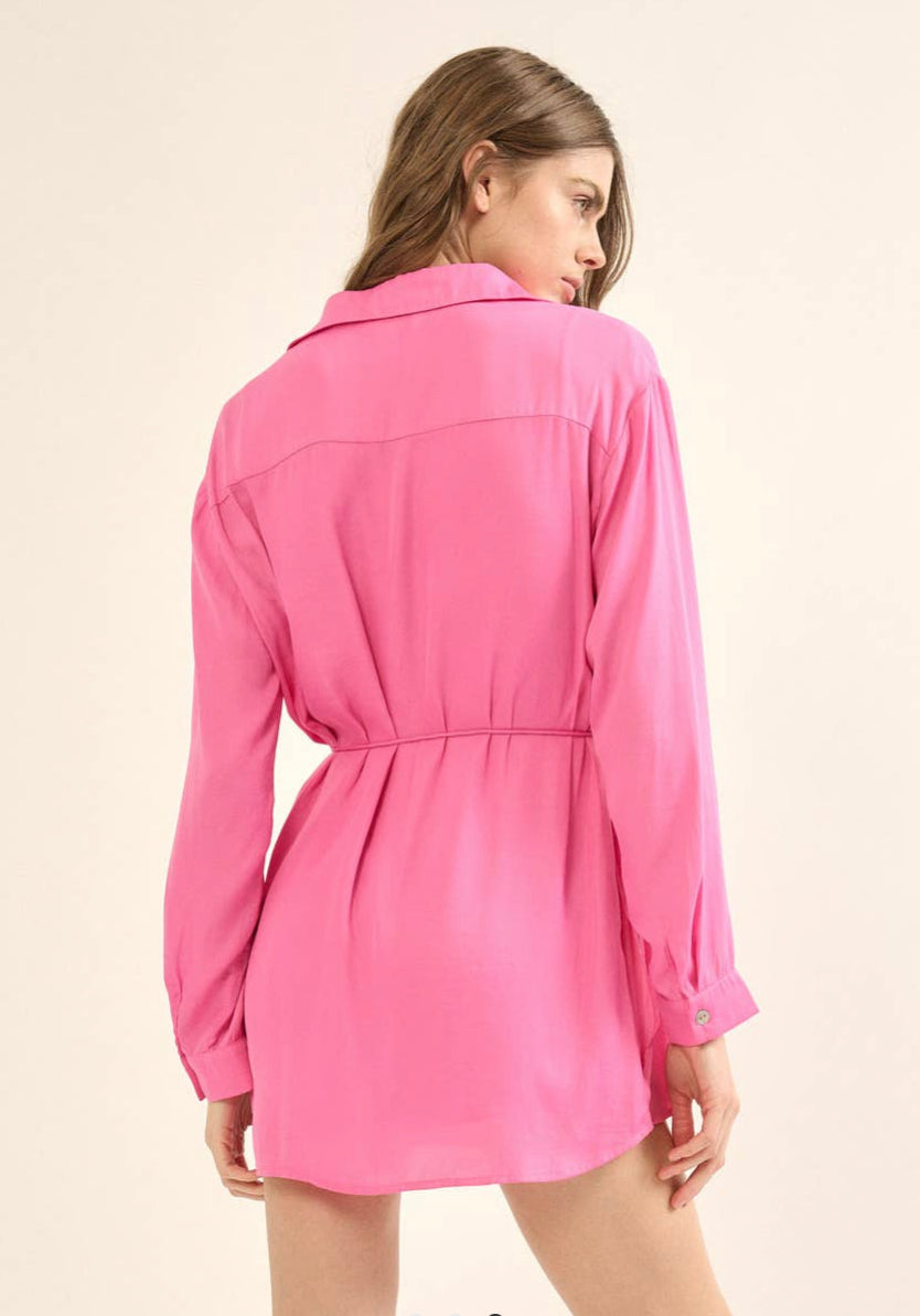 PRETTY IN PINK Button Down High-Waisted Belt Shirt Romper